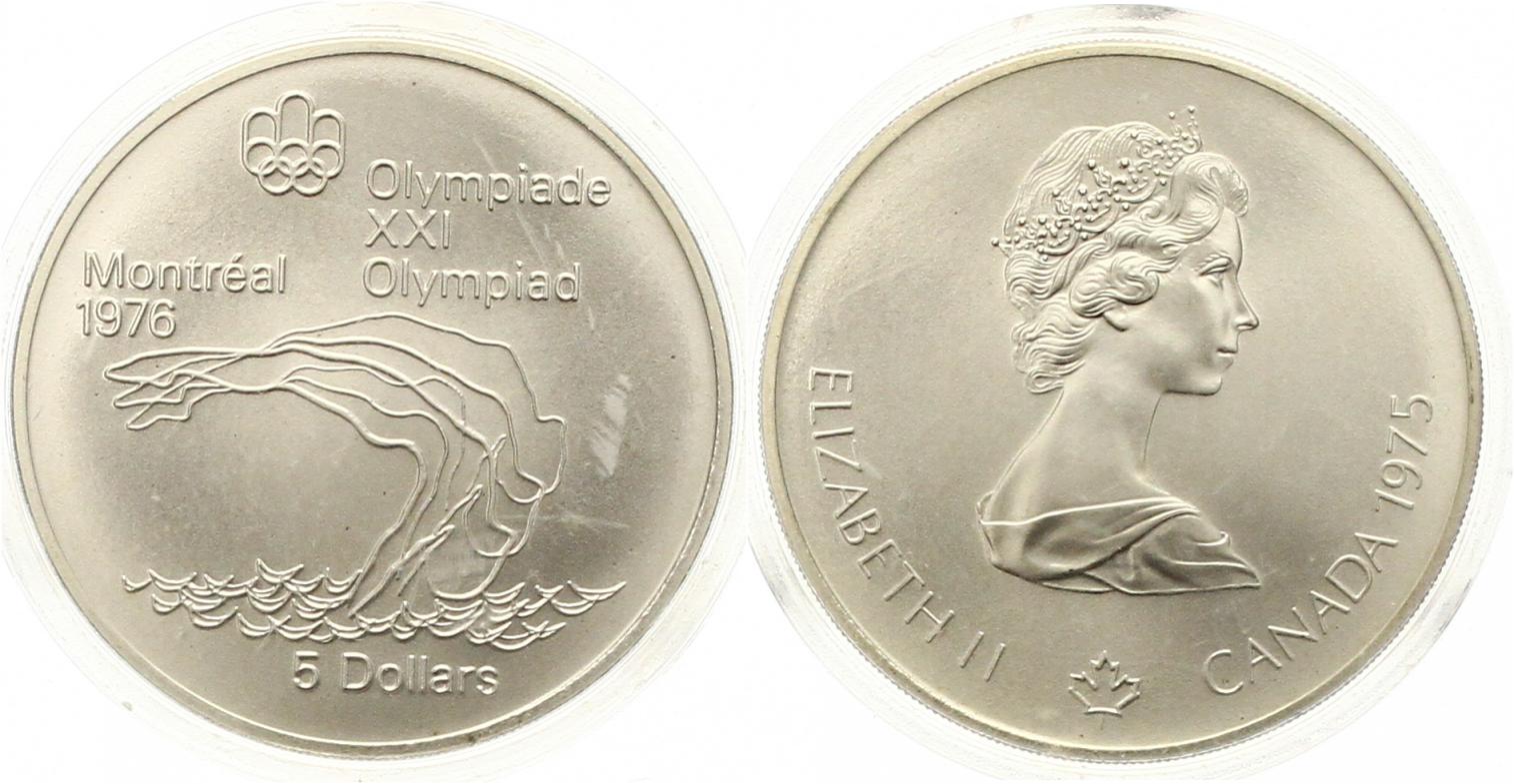  796 Kanada 5  Dollar Olympiade 1975 Silber 22,4 g. Fein Stempelglanz   