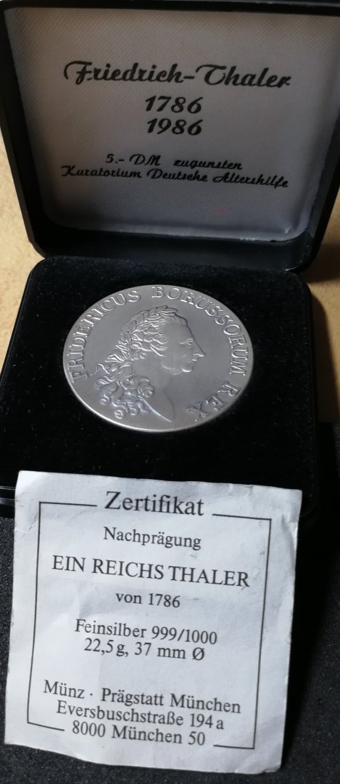 Nachprägung Reichsthaler Friedrich 1786 Feinsilber 999/1000 22,5g, Ø 37mm Medaille geprüft