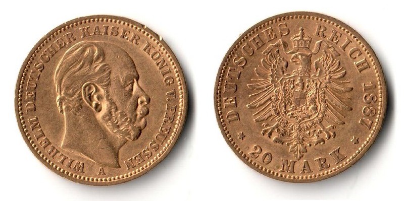 Preussen, Kaiserreich  20 Mark  1887 A MM-Frankfurt Feingold: 7,17g Wilhelm I. 1861 - 1888  