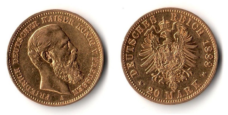 Preussen, Kaiserreich  20 Mark  1888 A MM-Frankfurt Feingold: 7,17g Friedrich  