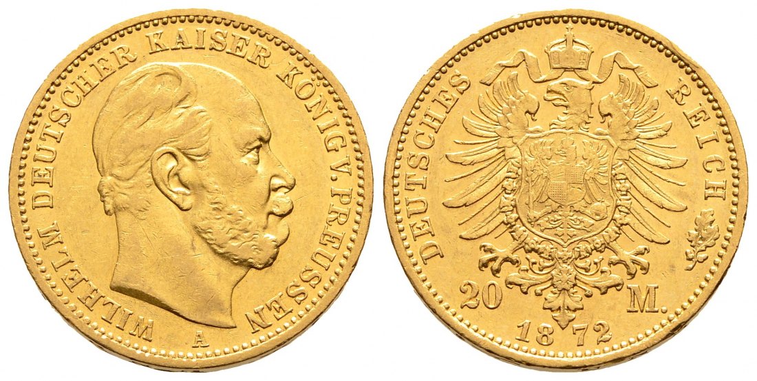 PEUS 1383 Kaiserreich - Preußen 7,16 g Feingold. Wilhelm I. (1861 - 1888) 20 Mark GOLD 1872 A Berlin Sehr schön +