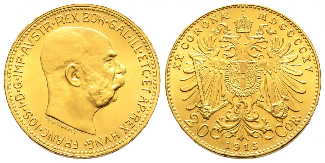 PEUS 1386 Österreich 6,1 g Feingold. Franz Joseph I. (1848 - 1916) 20 Kronen (off.NP) GOLD 1915 Stempelglanz