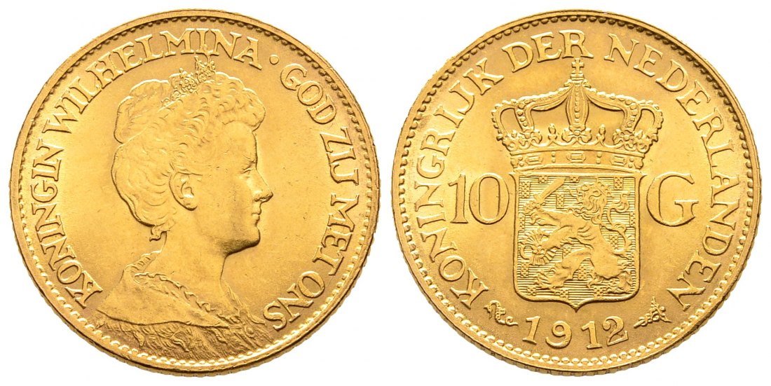 PEUS 1391 Niederlande 6,06 g Feingold. Wilhelmina (1890 - 1948) 10 Gulden GOLD 1912 Kl. Kratzer, Vorzüglich