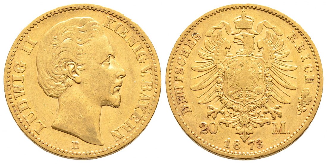 PEUS 1392 Kaiserrreich - Bayern 7,17 g Feingold. Ludwig II. (1864 - 1886) 20 Mark GOLD 1873 D München Sehr schön