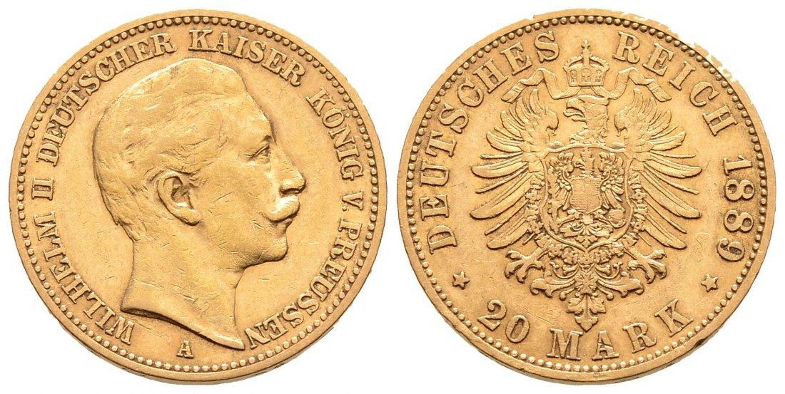 PEUS 1393 Preußen - Kaiserreich 7,16 g Feingold. Wilhelm II. (1888 - 1918) 20 Mark GOLD 1889 A Sehr schön