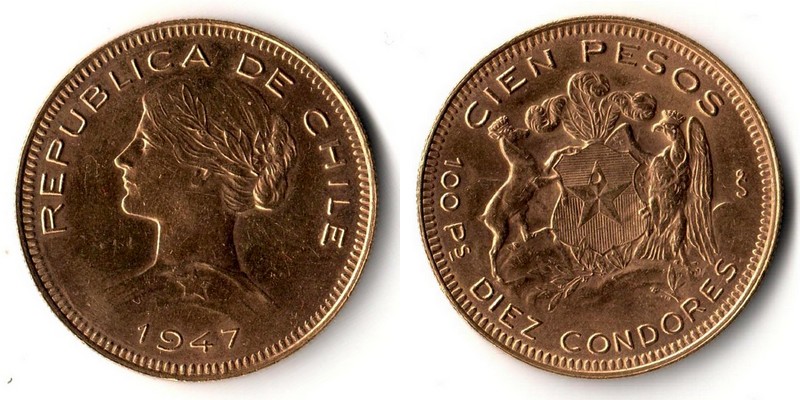 Chile  100 Pesos   1947 MM-Frankfurt    Feingewicht: 18,31g   