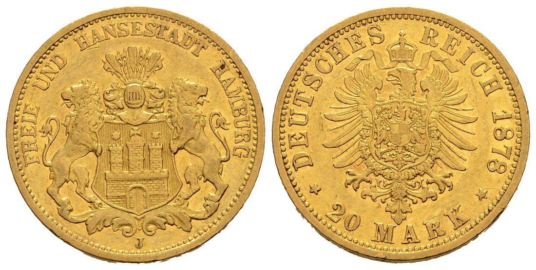 PEUS 1396 Hamburg - Kaiserreich 7,16 g Feingold. Stadtwappen / Kleiner Adler 20 Mark GOLD 1878 J Sehr schön