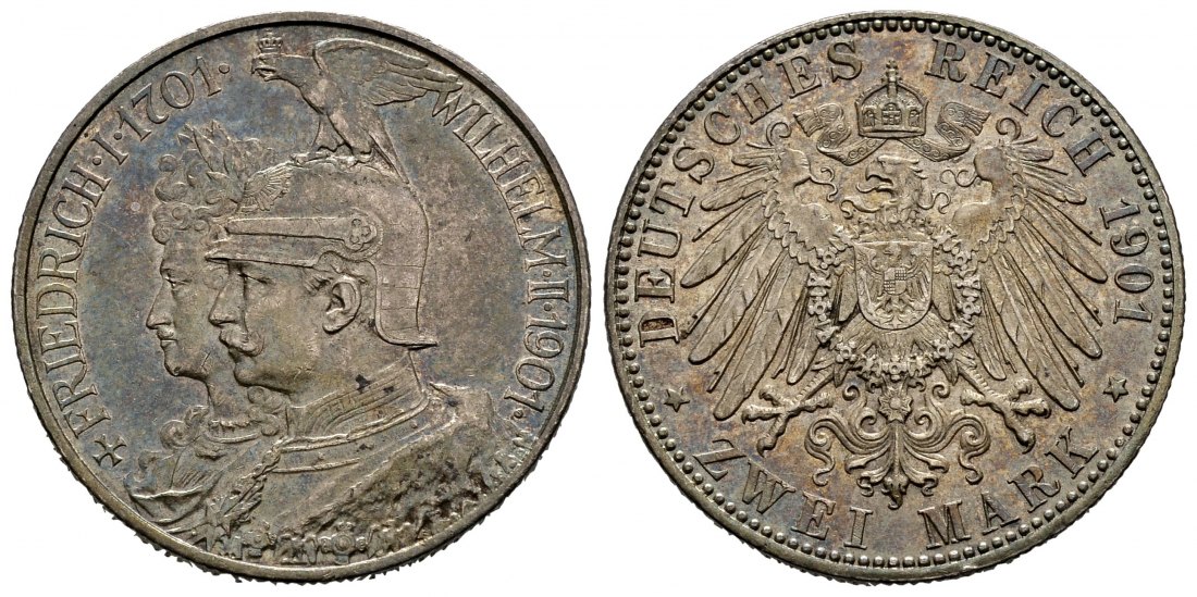 PEUS 1348 Kaiserreich - Preußen 200jähriges Jubiläum. Friedrich I. + Wilhelm II. 2 Mark 1901 A Patina, Sehr schön