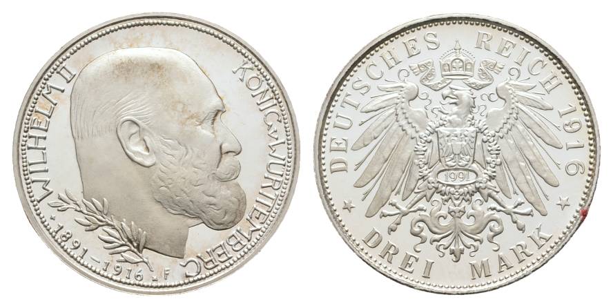  Württemberg, 3 Mark gekennzeichnete Nachprägung, PP; 999er Silber, 16,89 g, Ø 33 mm   
