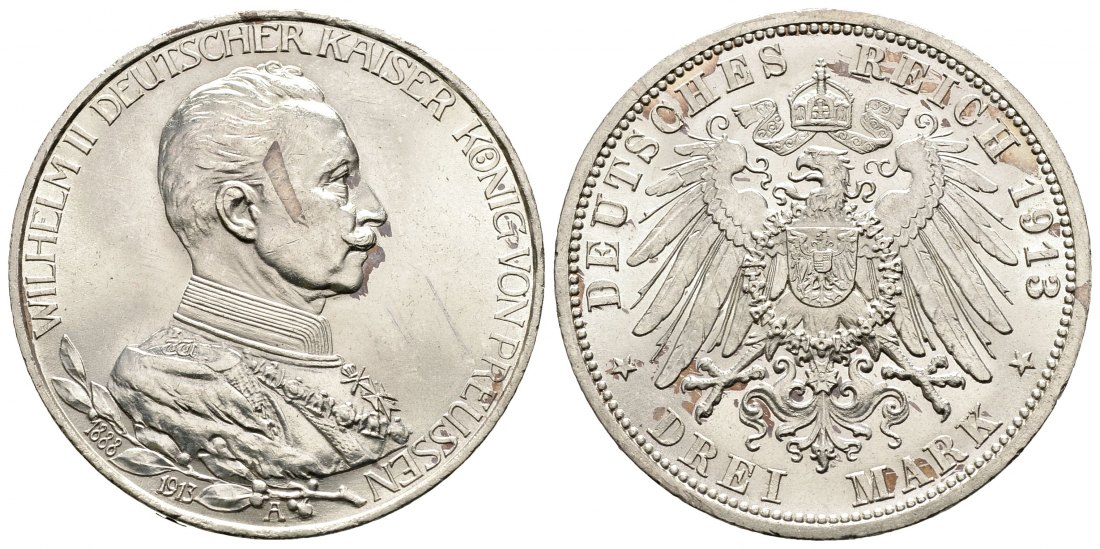 PEUS 1357 Preußen - Kaiserreich 25jähriges Regierungsjubiläum Wilhelm II. in Uniform 3 Mark 1913 A Leicht fleckig, Vorzüglich +