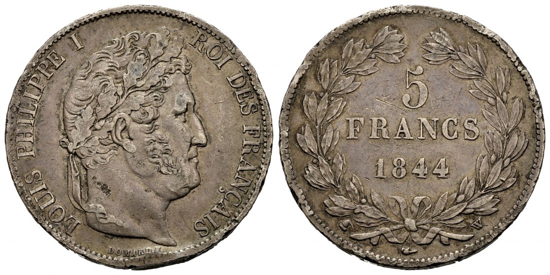 PEUS 1360 Frankreich 22,5 g Feinsilber. Louis Philippe (1830 - 1848) 5 Francs SILBER 1844 W Lille Fast Sehr schön