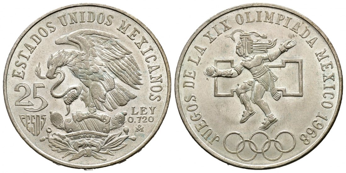 PEUS 1363 Mexiko 16,2 g Feinsilber. XIX. Olympiade 25 Pesos SILBER 1968 Fast Stempelglanz