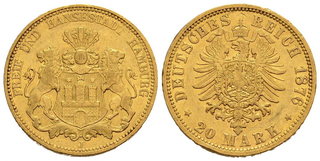PEUS 1403 Kaiserreich - Hamburg 7,16 g Feingold. Stadtwappen / Kleiner Adler 20 Mark GOLD 1876 J Sehr schön +