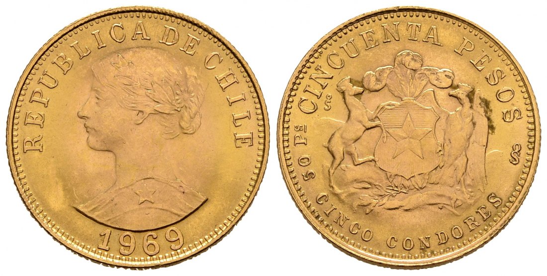 PEUS 1405 Chile 9,15 g Feingold 50 Pesos GOLD 1969 Vorzüglich +