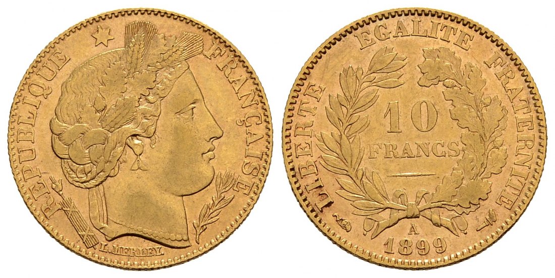 PEUS 1406 Frankreich 2,90 g Feingold 10 Francs GOLD 1899 A Sehr schön