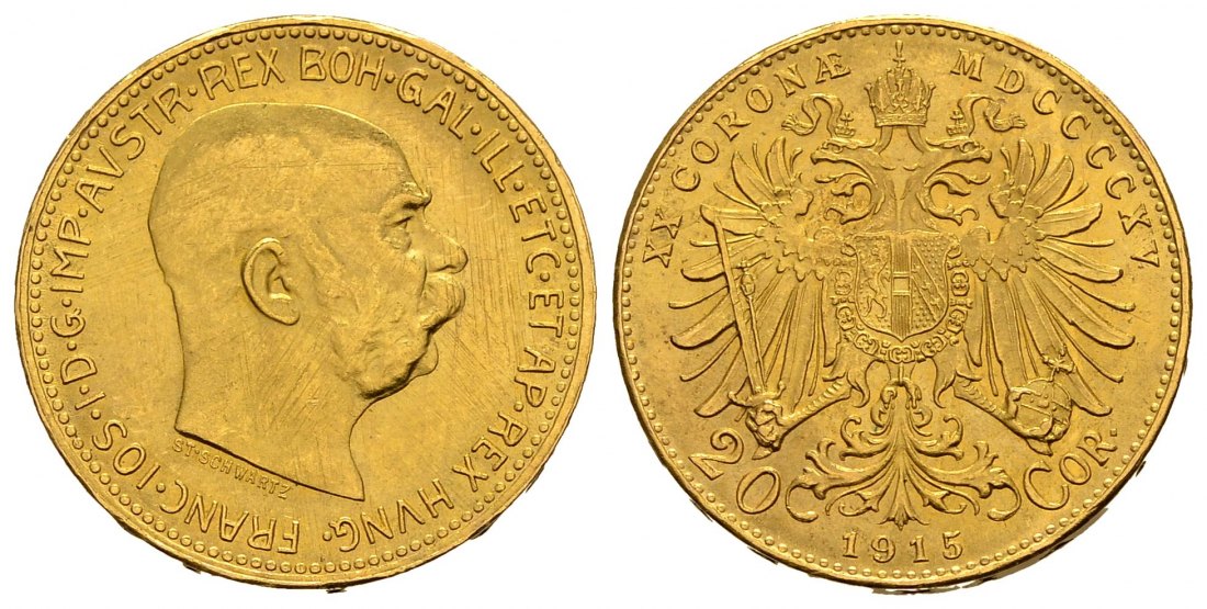 PEUS 1407 Österreich 6,1 g Feingold. Franz Joseph I. (1848 - 1916) 20 Kronen (off.NP) GOLD 1915 Stempelglanz