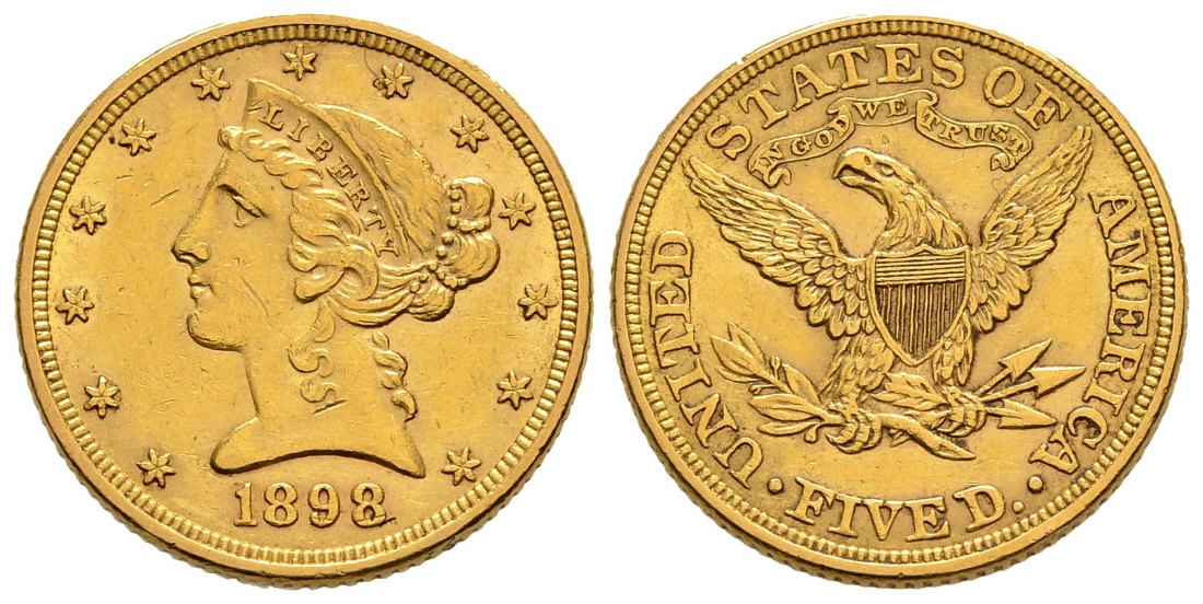 PEUS 1409 USA 7,52 g Feingold. Coronet Head 5 Dollars GOLD 1898 Sehr schön