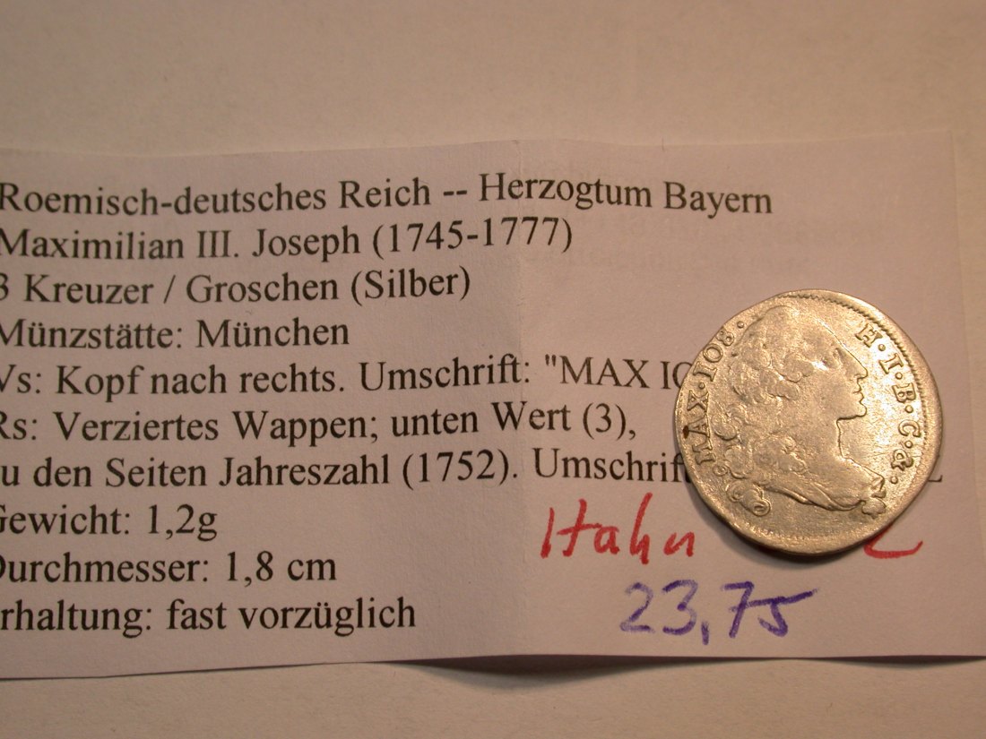 C09 Bayern 3 Kreuzer (Groschen) 1752 in f.vz Silber Orginalbilder
