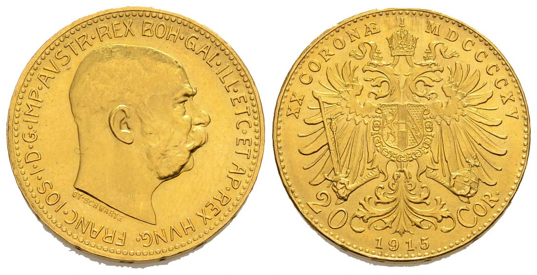 PEUS 1411 Österreich 6,1 g Feingold. Franz Joseph I. (1848 - 1916) 20 Kronen (off.NP) GOLD 1915 Stempelglanz