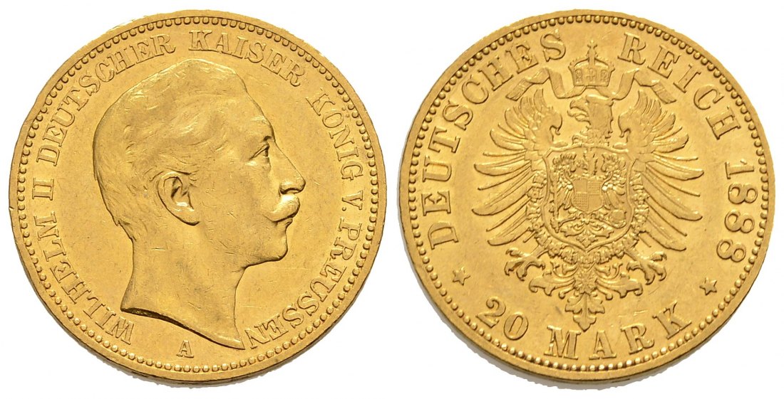 PEUS 1412 Preußen - Kaiserreich 7,17 g Feingold. Wilhelm II. (1888 - 1918) 20 Mark GOLD 1888 A Sehr schön / Fast vorzüglich