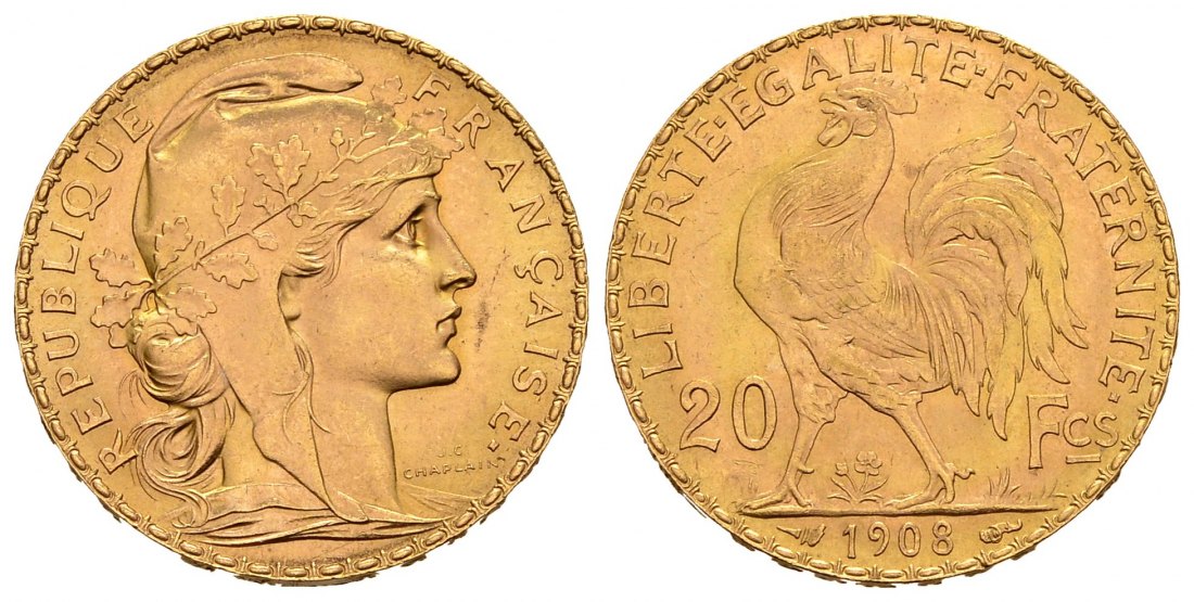 PEUS 1417 Frankreich 5,81 g Feingold. Marianne 20 Francs GOLD 1908 Vorzüglich +