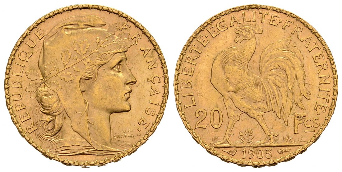PEUS 1418 Frankreich 5,81 g Feingold. Marianne 20 Francs GOLD 1903 Vorzüglich