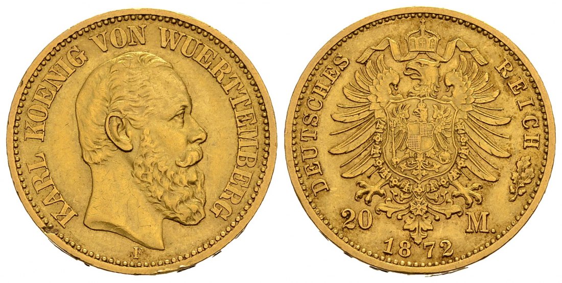 PEUS 1419 Kaiserreich - Württemberg 7,17 g Feingold. Karl (1864 - 1891) 20 Mark GOLD 1872 F Stuttgart Randfehler, Sehr schön