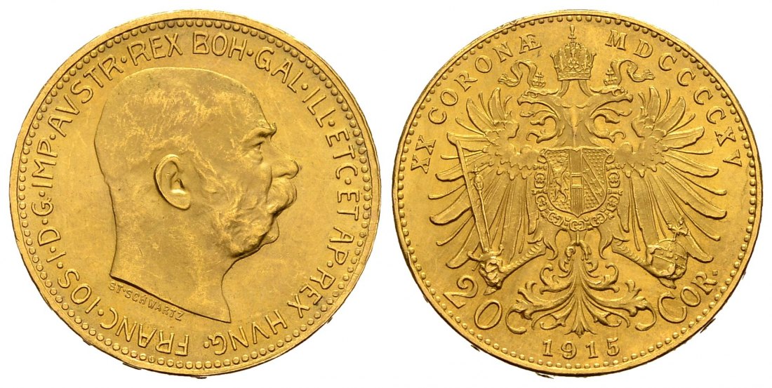 PEUS 1421 Österreich 6,1 g Feingold. Franz Joseph I. (1848 - 1916) 20 Kronen (off.NP) GOLD 1915 Stempelglanz