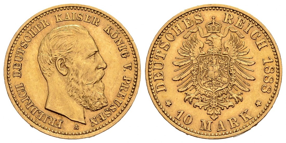 PEUS 1423 Kaiserreich - Preußen 3,58 g Feingold. Friedrich III. (09.03.- 15.06.1888) 10 Mark GOLD 1888 A Fast vorzüglich