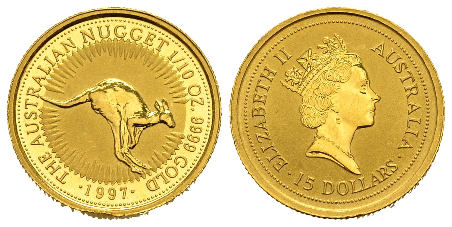 PEUS 1432 Australien 3,11 g Feingold. Sondermünze 100 Jahre Perth Mint. Känguru 15 Dollars GOLD 1/10 Unze 1997 Vorzüglich