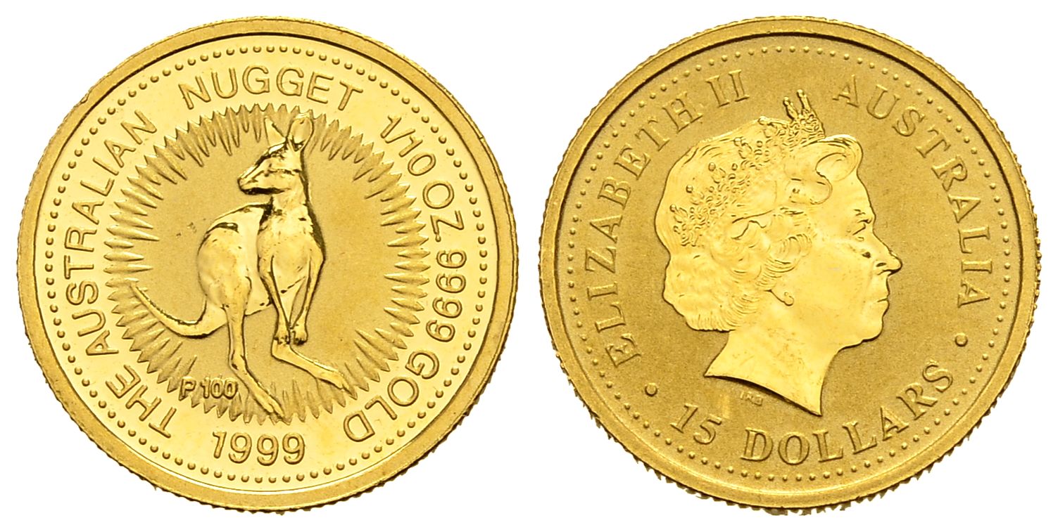 PEUS 1433 Australien 3,11 g Feingold. Sondermünze 100 Jahre Perth Mint. Känguru 15 Dollars GOLD 1/10 Unze 1999 P100 Kl. Kratzer, Vorzüglich +