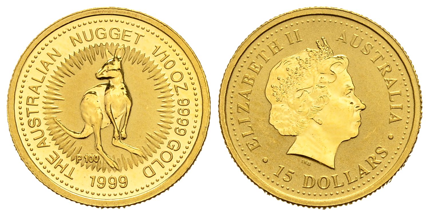PEUS 1435 Australien 3,11 g Feingold. Sondermünze 100 Jahre Perth Mint. Känguru 15 Dollars GOLD 1/10 Unze 1999 P100 Kl. Kratzer, Vorzüglich +