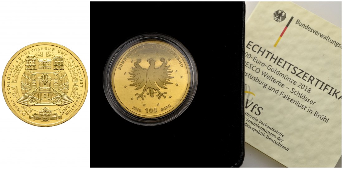 PEUS 1339 BRD 15,55 g Feingold. Augustusburg + Falkenlust mit Etui + Zertifikat 100 Euro GOLD 2018 F Stuttgart Stempelglanz (Originalkapsel)