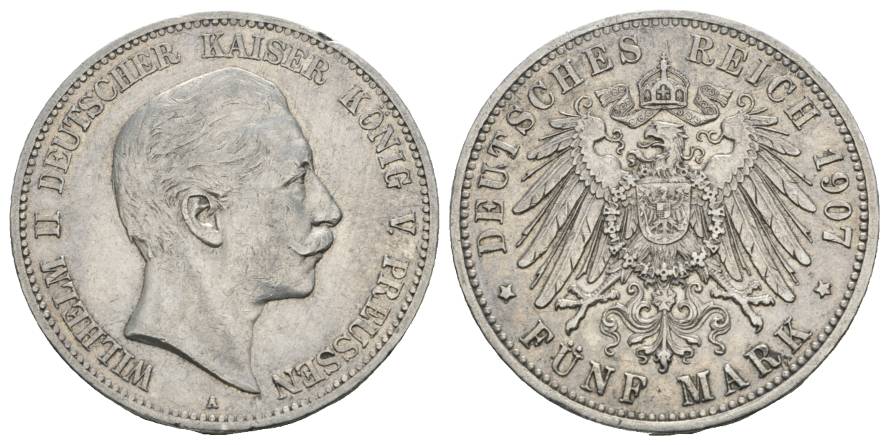  Preußen, 5 Mark 1907, Randfehler   