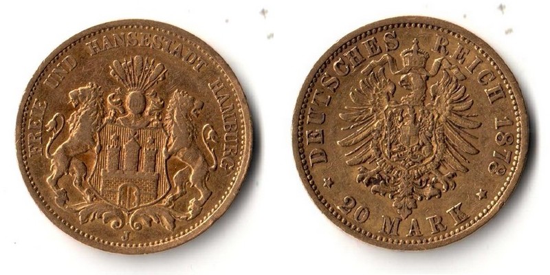 Hamburg, Kaiserreich  20 Mark  1878 J MM-Frankfurt Feingold: 7,17g   