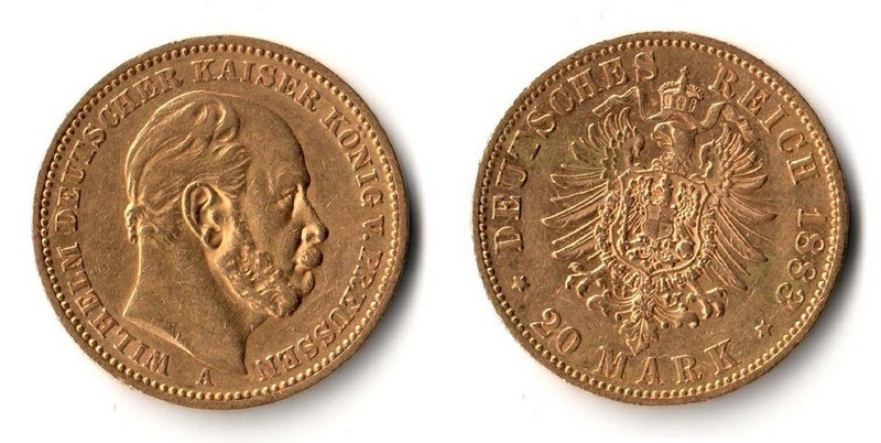 Preussen, Kaiserreich  20 Mark  1883 A MM-Frankfurt Feingold: 7,17g Wilhelm I. 1861 - 1888  