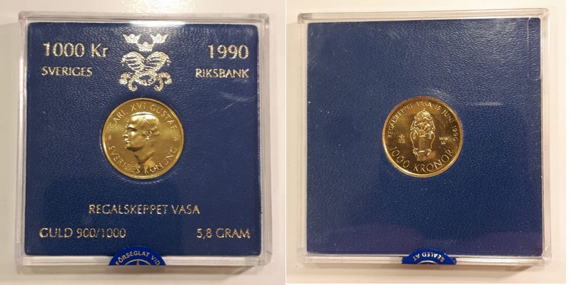 Schweden  1000 Kronen  1990 MM-Frankfurt Feingold: 5,22g Gold The Vasa - Arms  