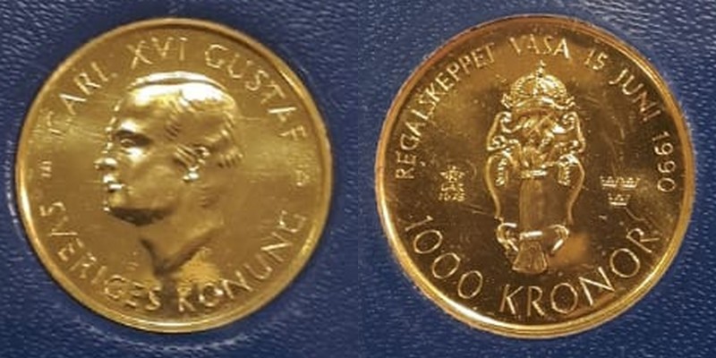 Schweden  1000 Kronen  1990 MM-Frankfurt Feingold: 5,22g Gold The Vasa - Arms  