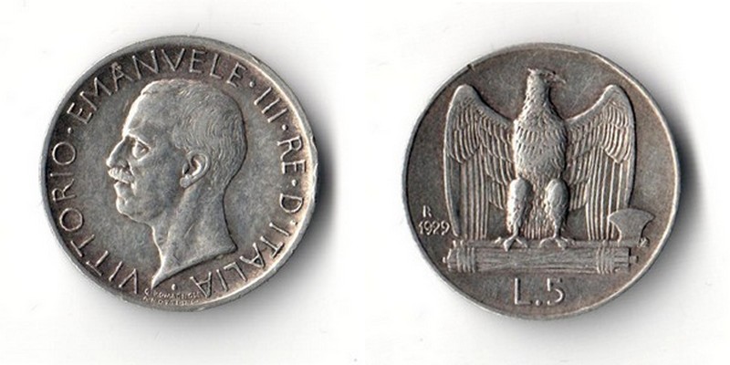  Italien 5 Lire 1929  Vittorio Emanuele III.    FM-Frankfurt  Feinsilber: 4,17g   