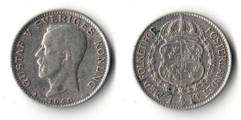  Schweden  1 Krone   1940 G     FM-Frankfurt    Feinsilber: 6g   