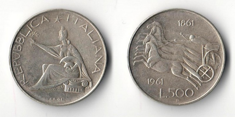 Italien  500 Lire  1961  Italien Unification Centenniel   FM-Frankfurt  Feinsilber: 9,19g   