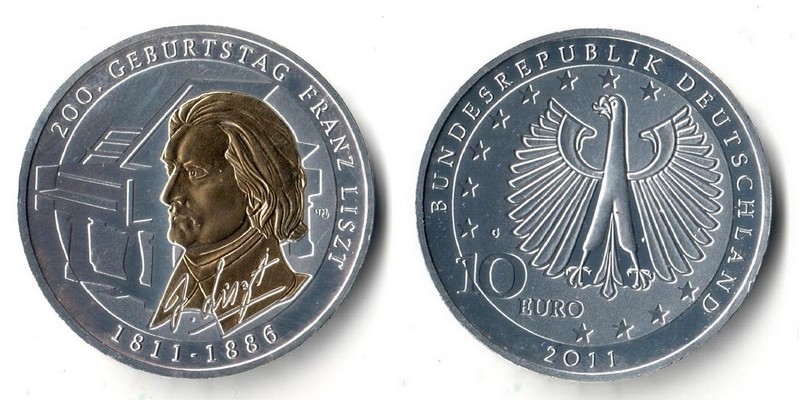 BRD  10 Euro 2011 G   200th Anniversary Birth of Franz Liszt Feinsilber: 10g FM-Frankfurt   