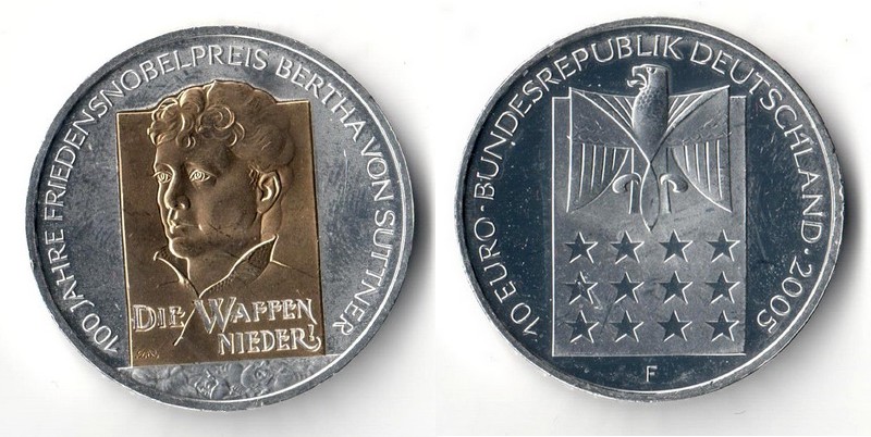  BRD  10 Euro 2005 F   100 years Nobel Peace Prize to B. Suttner    FM-Frankfurt  Feinsilber: 16,65g   