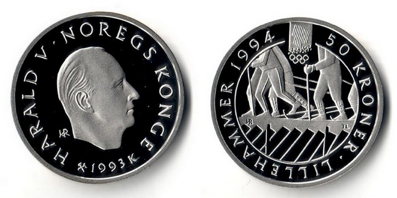  Norwegen  50 Kronen  1993    1994 Olympics   FM-Frankfurt  Feinsilber: 15,55g   