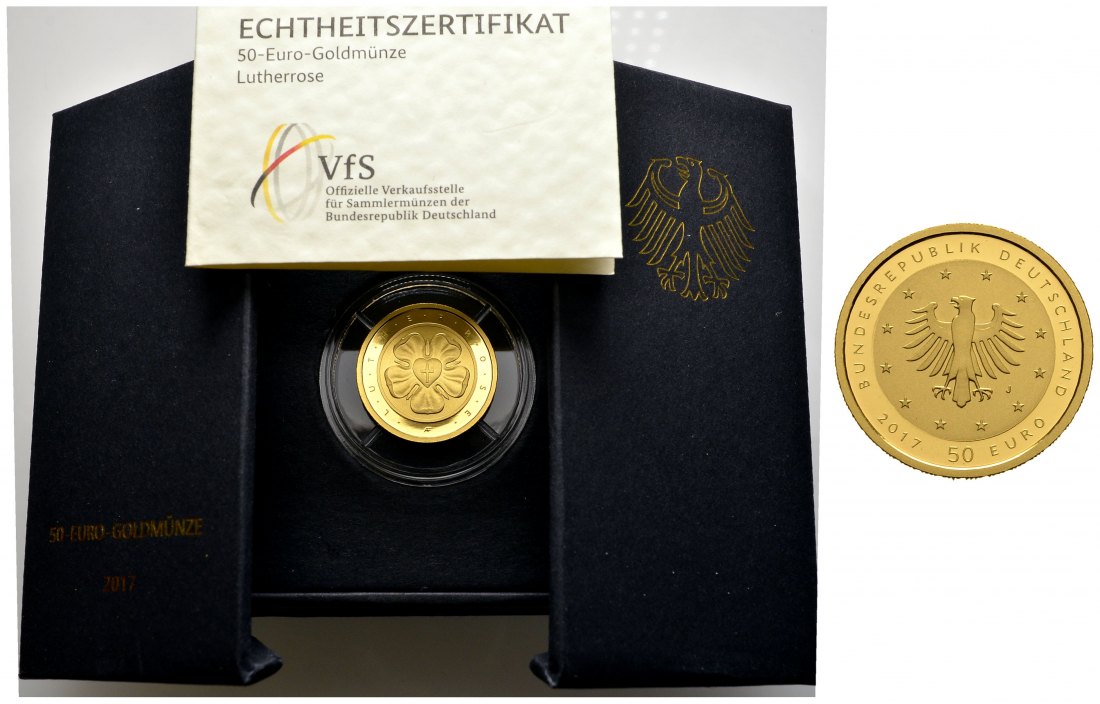 PEUS 1463 BRD 7,78 g Feingold. Lutherrose incl. kompl. Verpackung + Zertifikat 50 Euro GOLD 2017 J Hamburg Stempelglanz (in Kapsel)