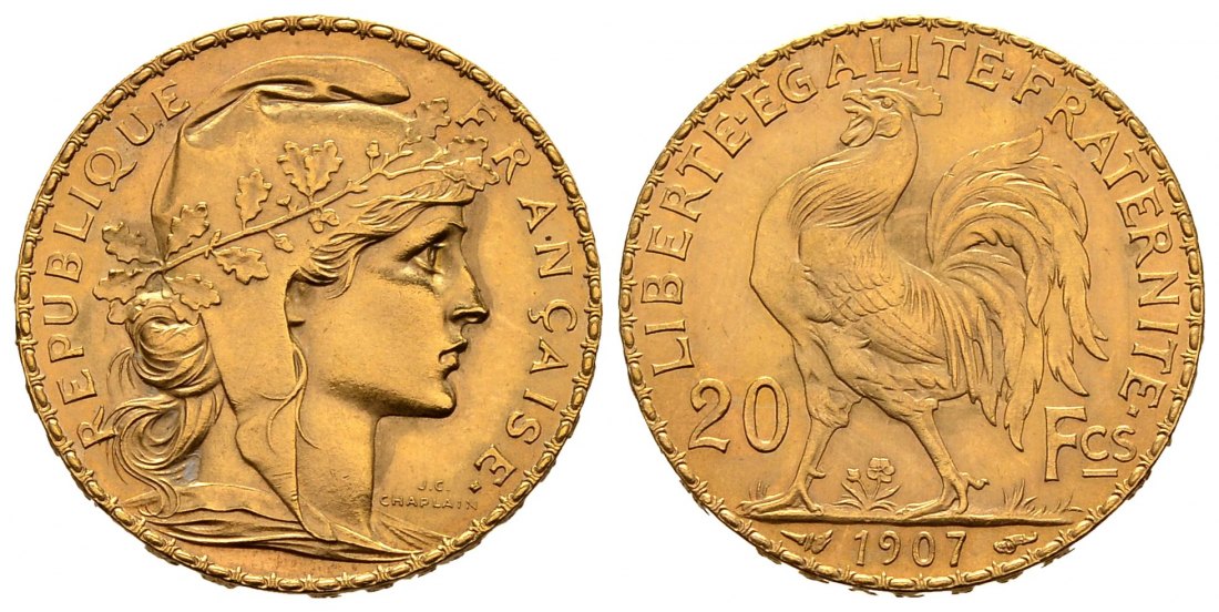 PEUS 1470 Frankreich 5,81 g Feingold. Marianne / Galischer Hahn 20 Francs GOLD 1907 Fast Stempelglanz