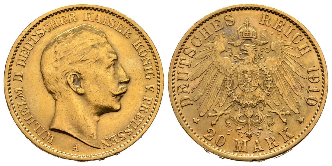 PEUS 1472 Kaiserreich - Preußen 7,17 g Feingold. Wilhelm II.(1888 - 1918) 20 Mark GOLD 1910 A Fast Vorzüglich