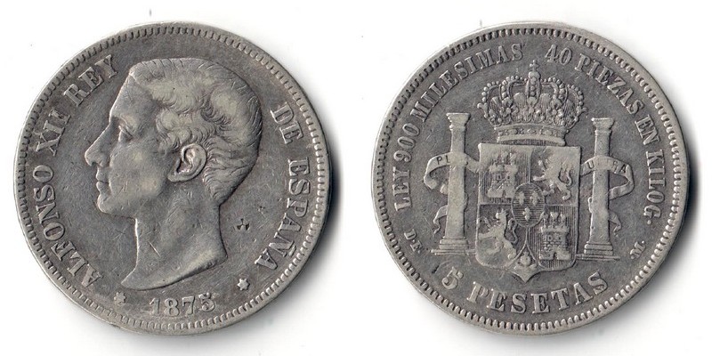  Spanien  5 Pesetas  1875  Alfonso XII.    FM-Frankfurt    Feinsilber: 22,5g   
