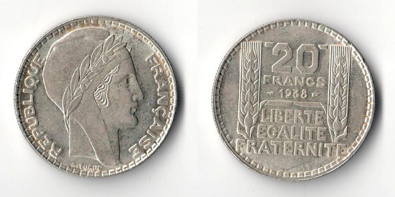  Frankreich  20 Francs  1938  FM-Frankfurt  Feinsilber: 13,6g   