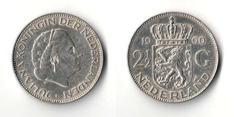  Niederlande  2 1/2 Gulden  1960  Queen Juliana   FM-Frankfurt  Feinsilber: 10,8g   